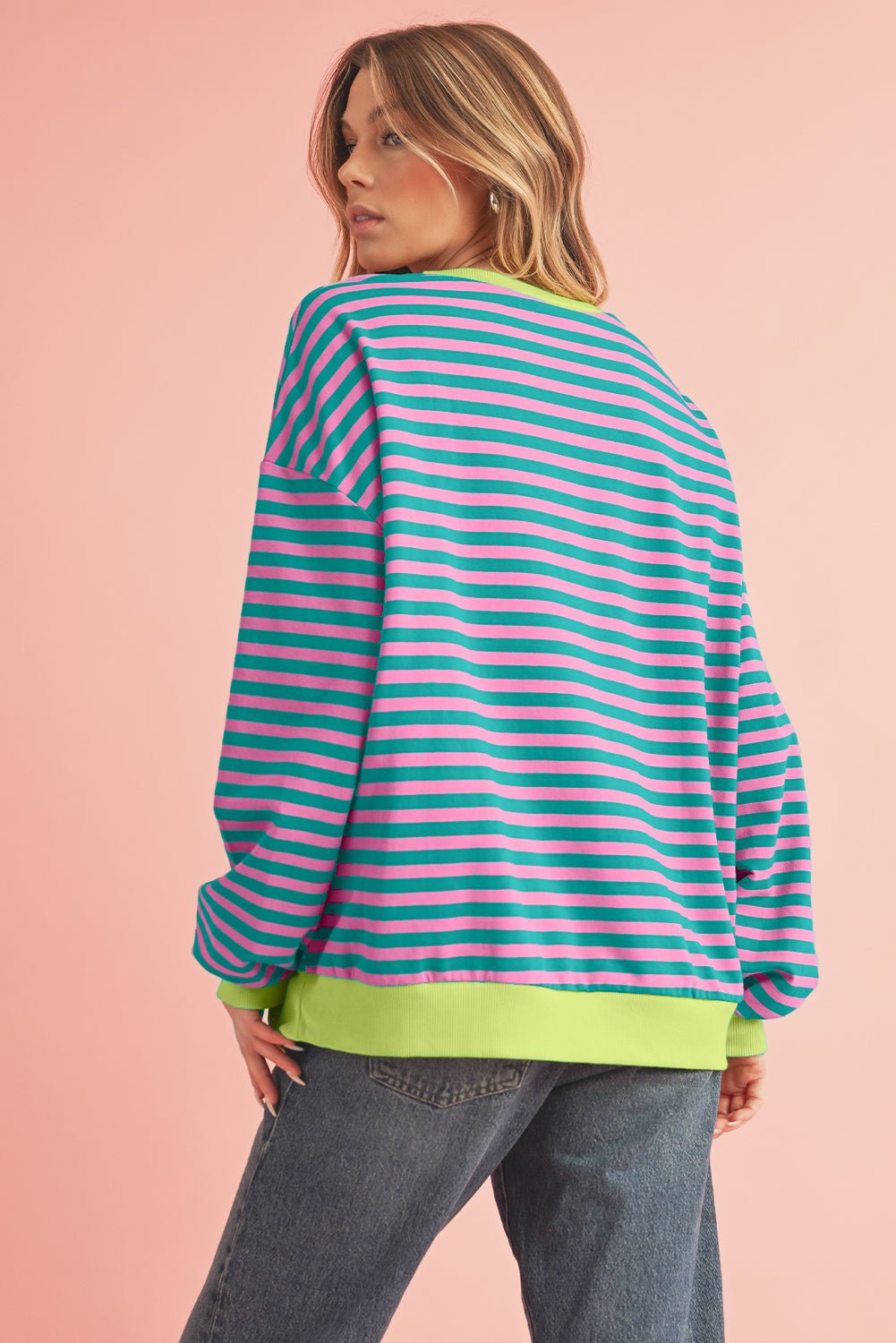 Green Stripe Contrast Edge Oversized Sweatshirt - MAD RUFFI