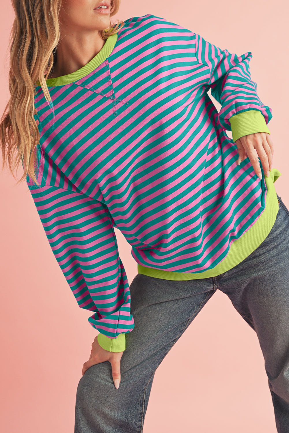 Green Stripe Contrast Edge Oversized Sweatshirt - MAD RUFFI