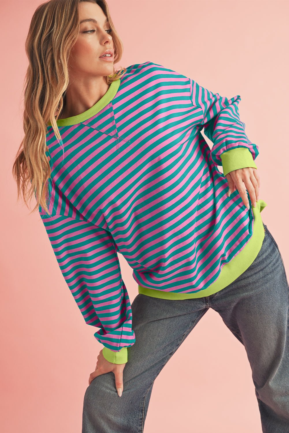 Green Stripe Contrast Edge Oversized Sweatshirt - MAD RUFFI
