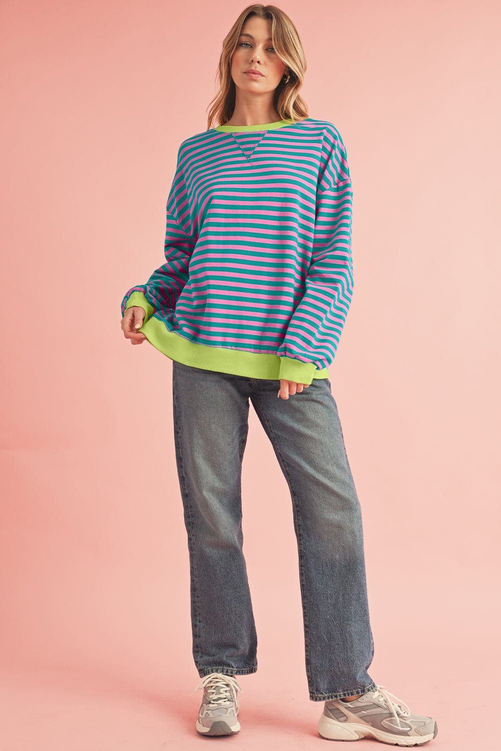 Green Stripe Contrast Edge Oversized Sweatshirt - MAD RUFFI