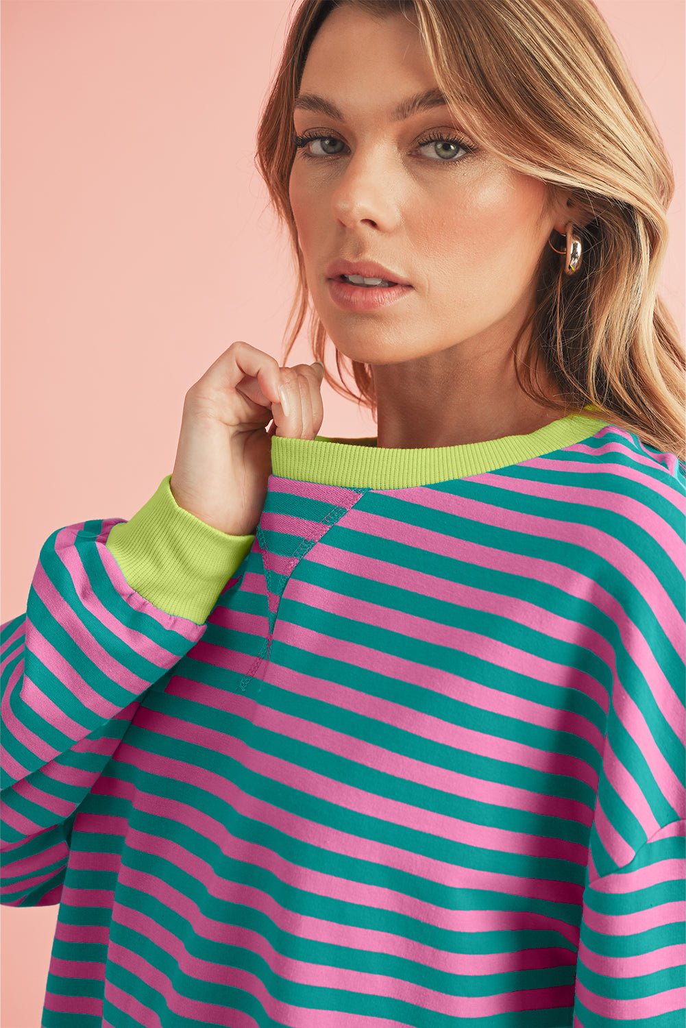 Green Stripe Contrast Edge Oversized Sweatshirt - MAD RUFFI