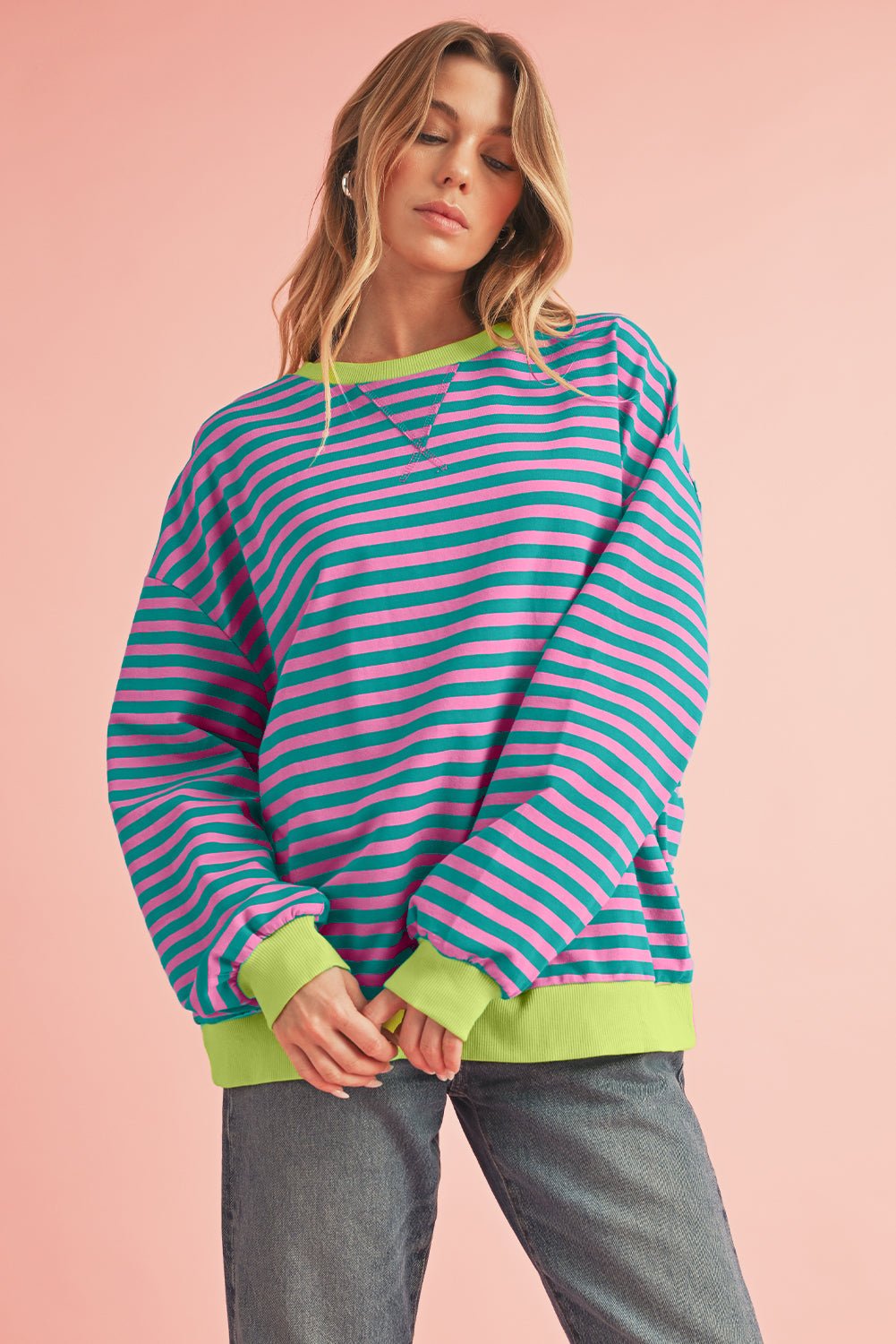 Green Stripe Contrast Edge Oversized Sweatshirt - MAD RUFFI