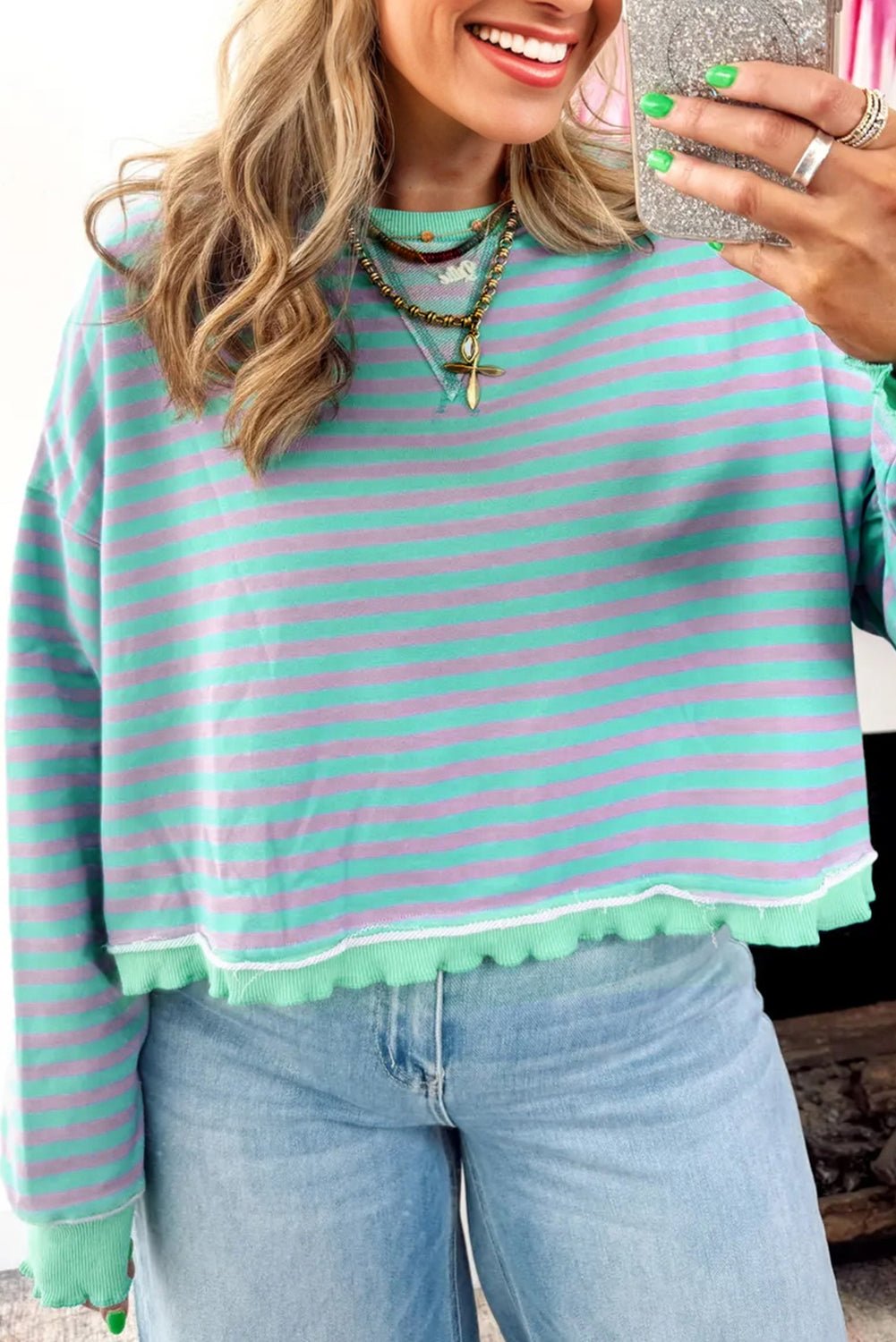 Green Stripe Exposed Seam Contrast Ribbed Trim Oversize Sweatshirt - MAD RUFFI