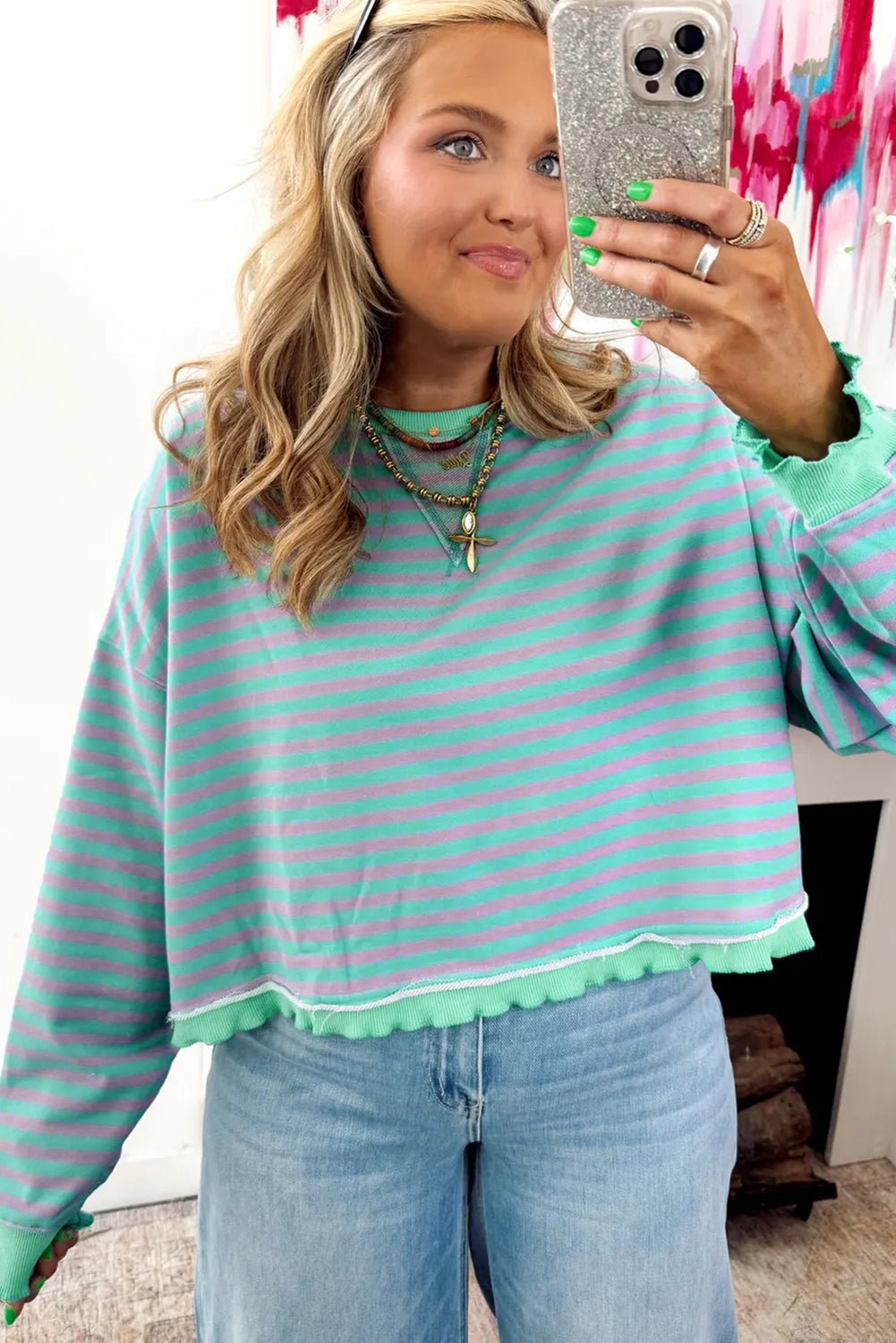 Green Stripe Exposed Seam Contrast Ribbed Trim Oversize Sweatshirt - MAD RUFFI