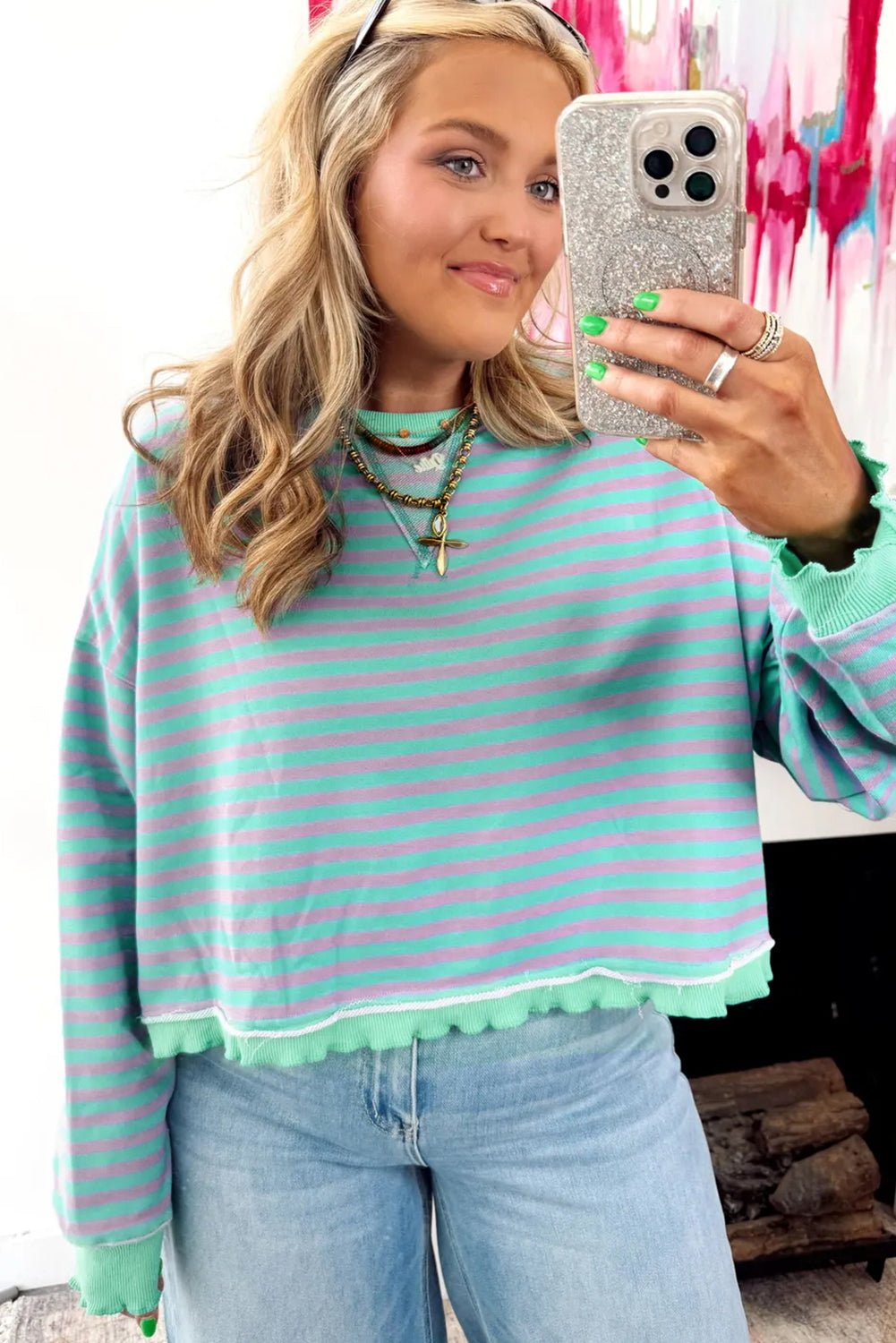 Green Stripe Exposed Seam Contrast Ribbed Trim Oversize Sweatshirt - MAD RUFFI