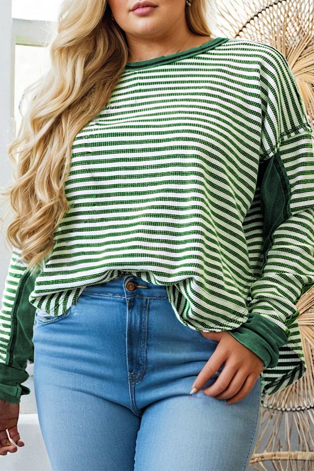 Green Stripe Exposed Seam Patchwork Plus Size Thermal Waffle Top - MAD RUFFI