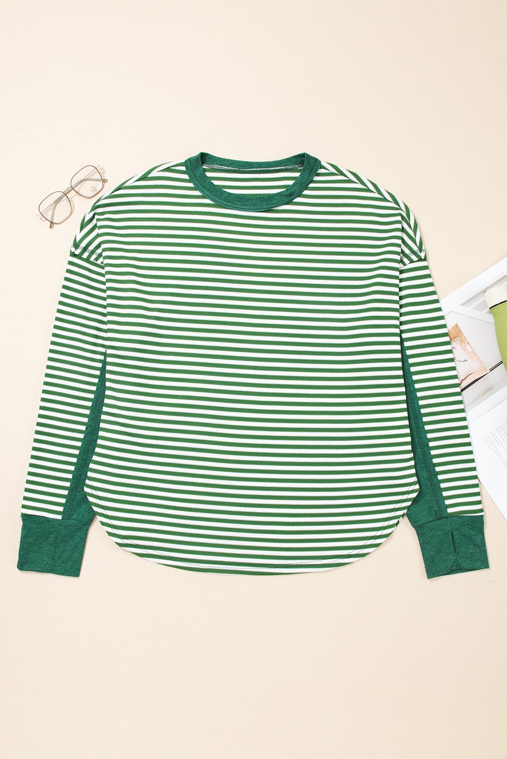 Green Stripe Exposed Seam Patchwork Plus Size Thermal Waffle Top - MAD RUFFI