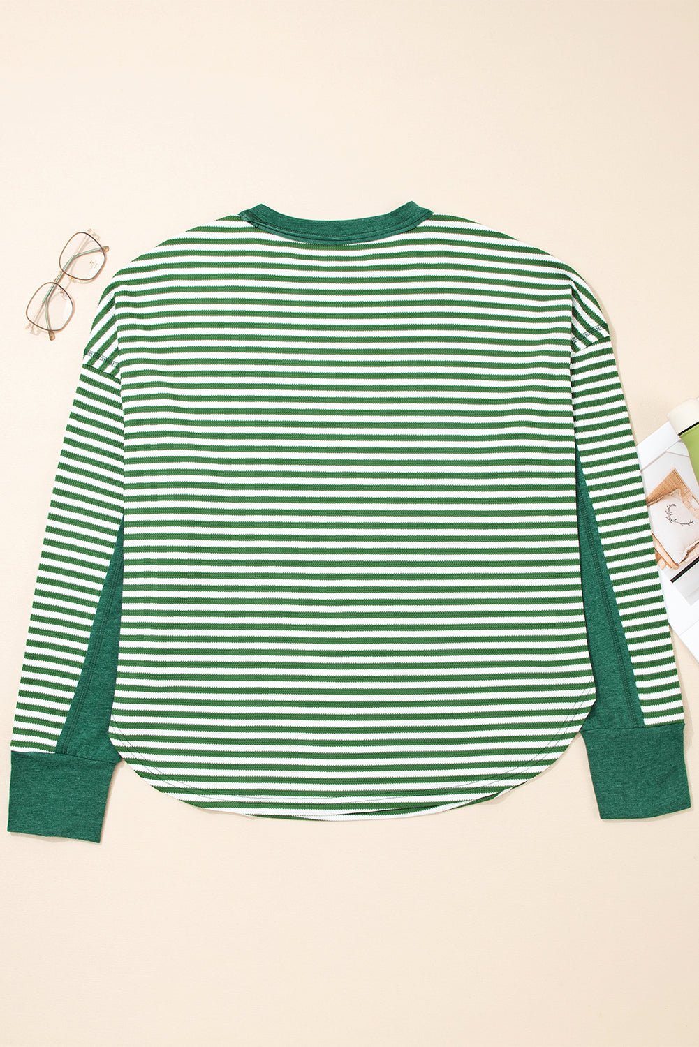 Green Stripe Exposed Seam Patchwork Plus Size Thermal Waffle Top - MAD RUFFI