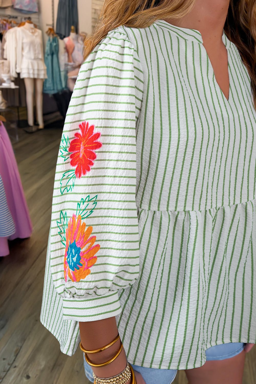 Green Stripe Flower Puff Sleeve Notch Neck Babydoll Blouse - MAD RUFFI