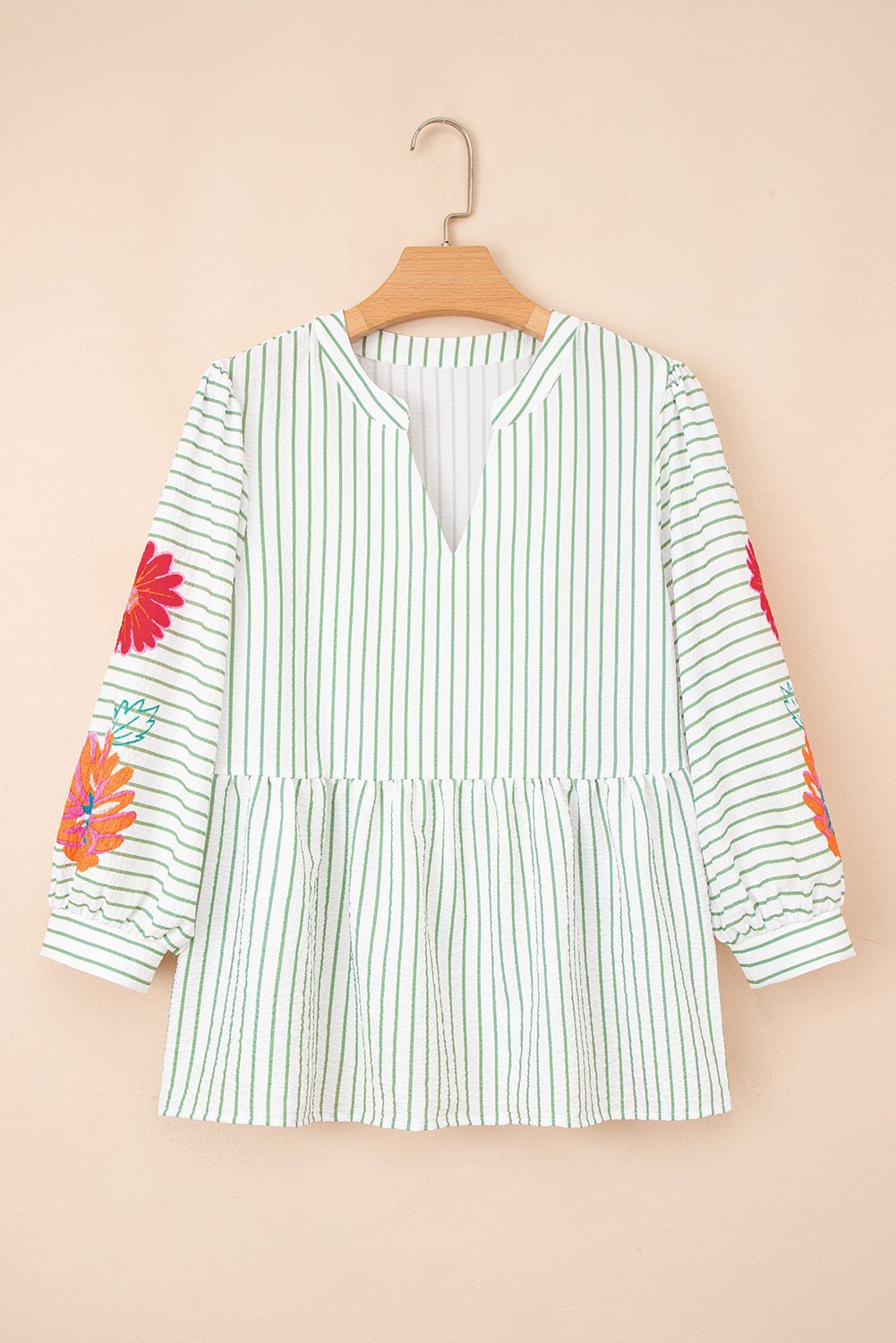 Green Stripe Flower Puff Sleeve Notch Neck Babydoll Blouse - MAD RUFFI