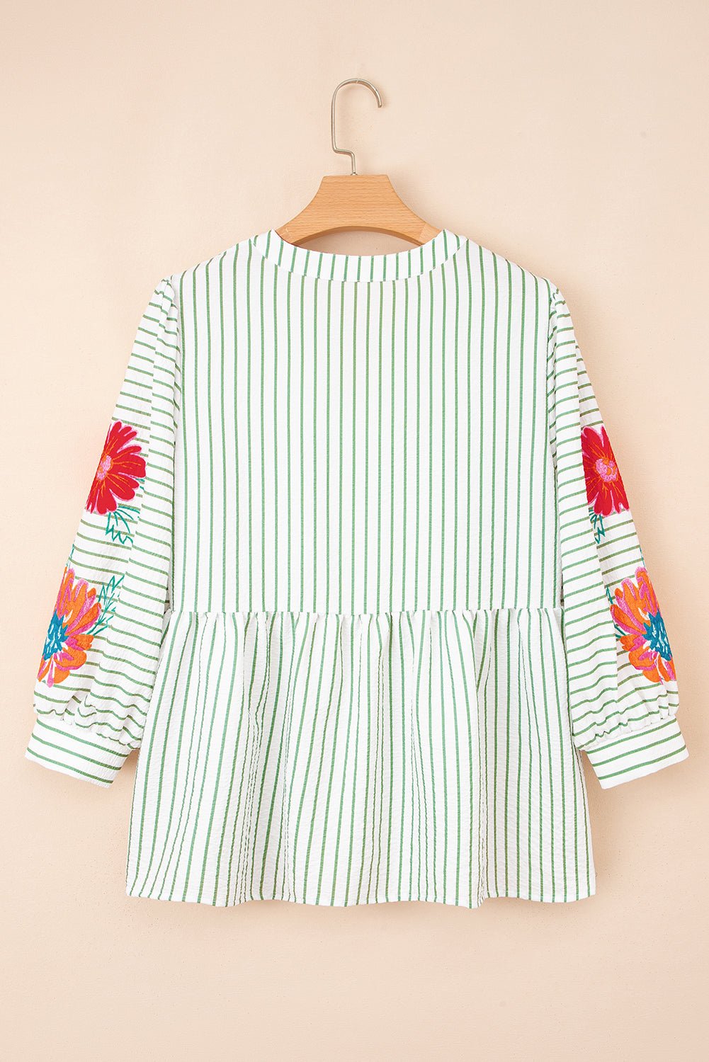 Green Stripe Flower Puff Sleeve Notch Neck Babydoll Blouse - MAD RUFFI