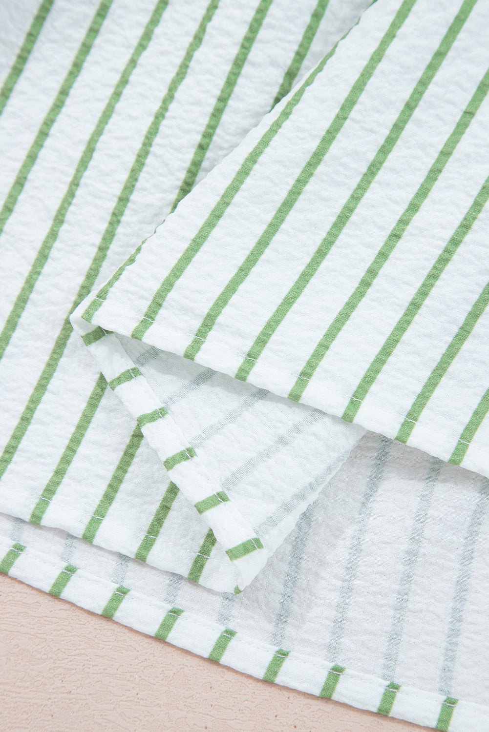 Green Stripe Flower Puff Sleeve Notch Neck Babydoll Blouse - MAD RUFFI