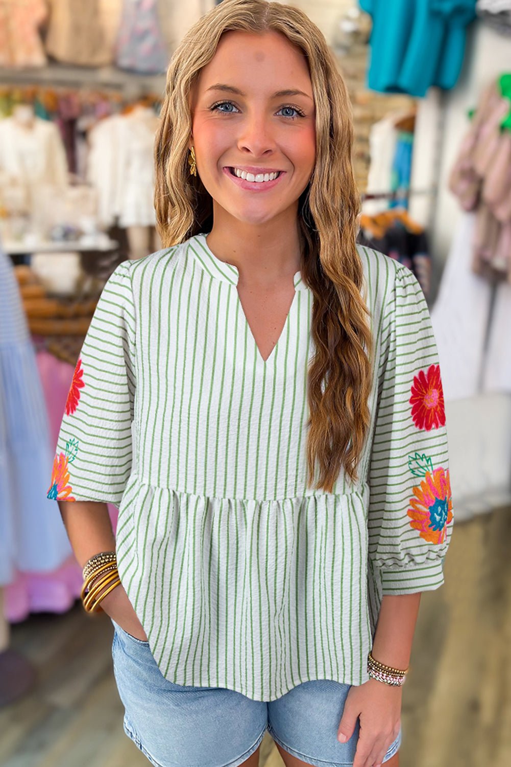 Green Stripe Flower Puff Sleeve Notch Neck Babydoll Blouse - MAD RUFFI