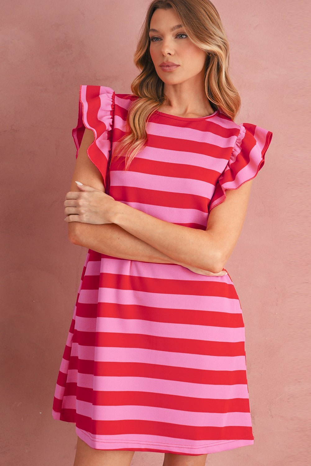 Green Stripe Flutter Sleeve Round Neck Shift Mini Dress - MAD RUFFI