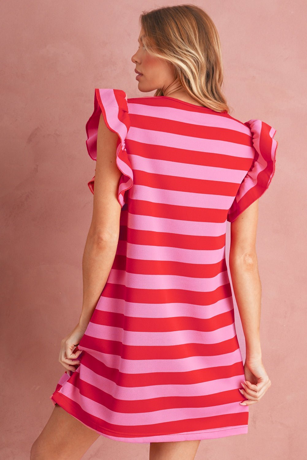 Green Stripe Flutter Sleeve Round Neck Shift Mini Dress - MAD RUFFI
