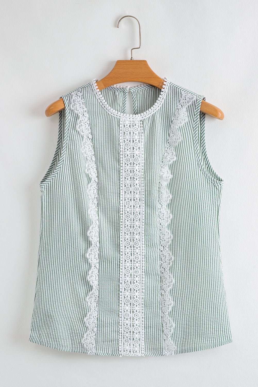 Green Stripe Lace Detail Crinkle Sleeveless Blouse - MAD RUFFI