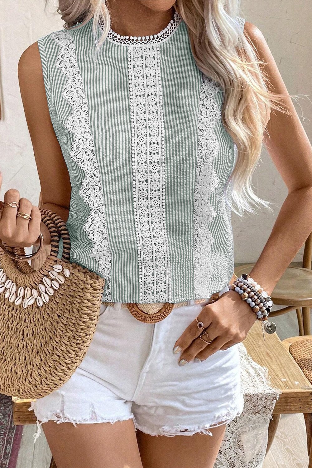 Green Stripe Lace Detail Crinkle Sleeveless Blouse - MAD RUFFI