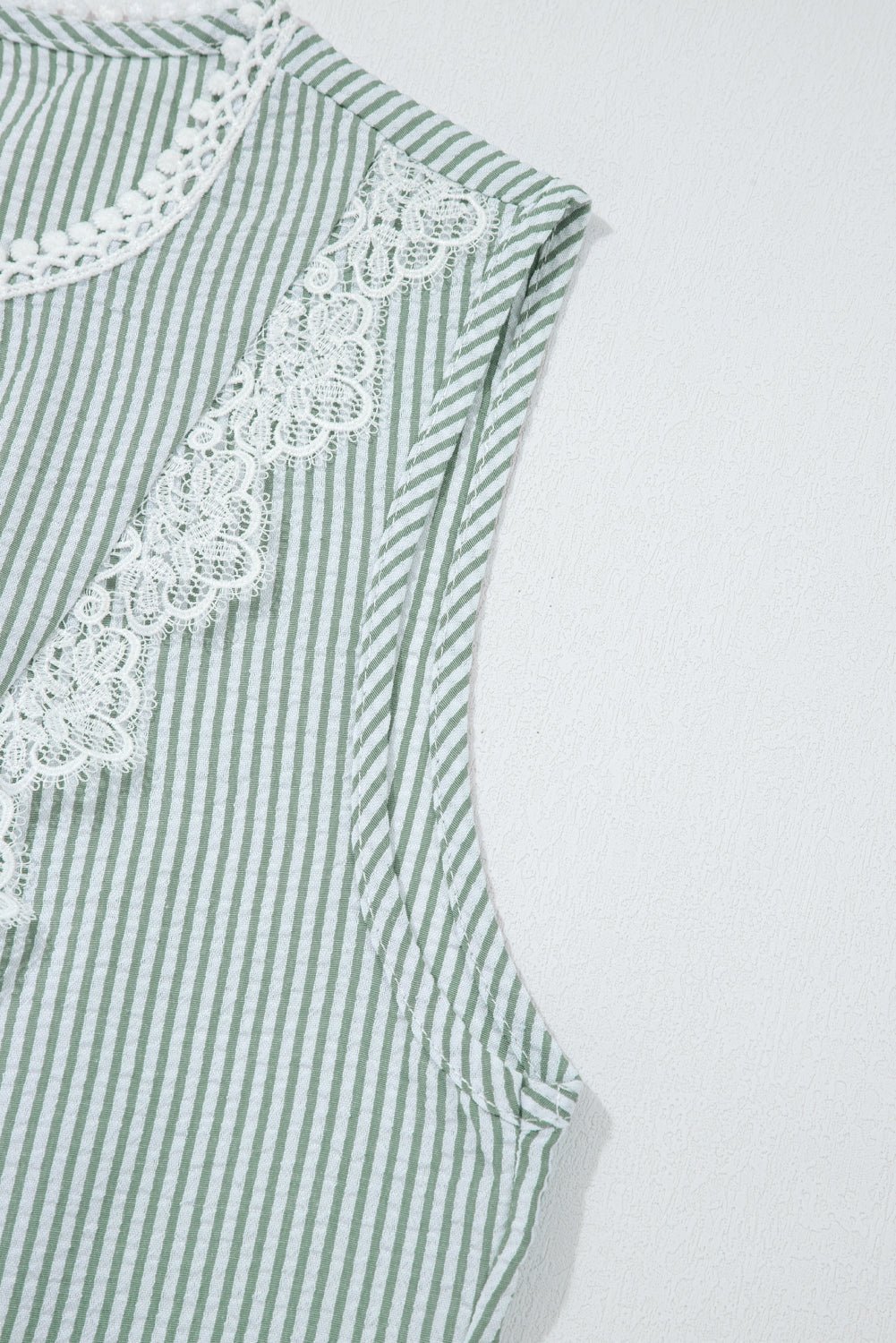 Green Stripe Lace Detail Crinkle Sleeveless Blouse - MAD RUFFI