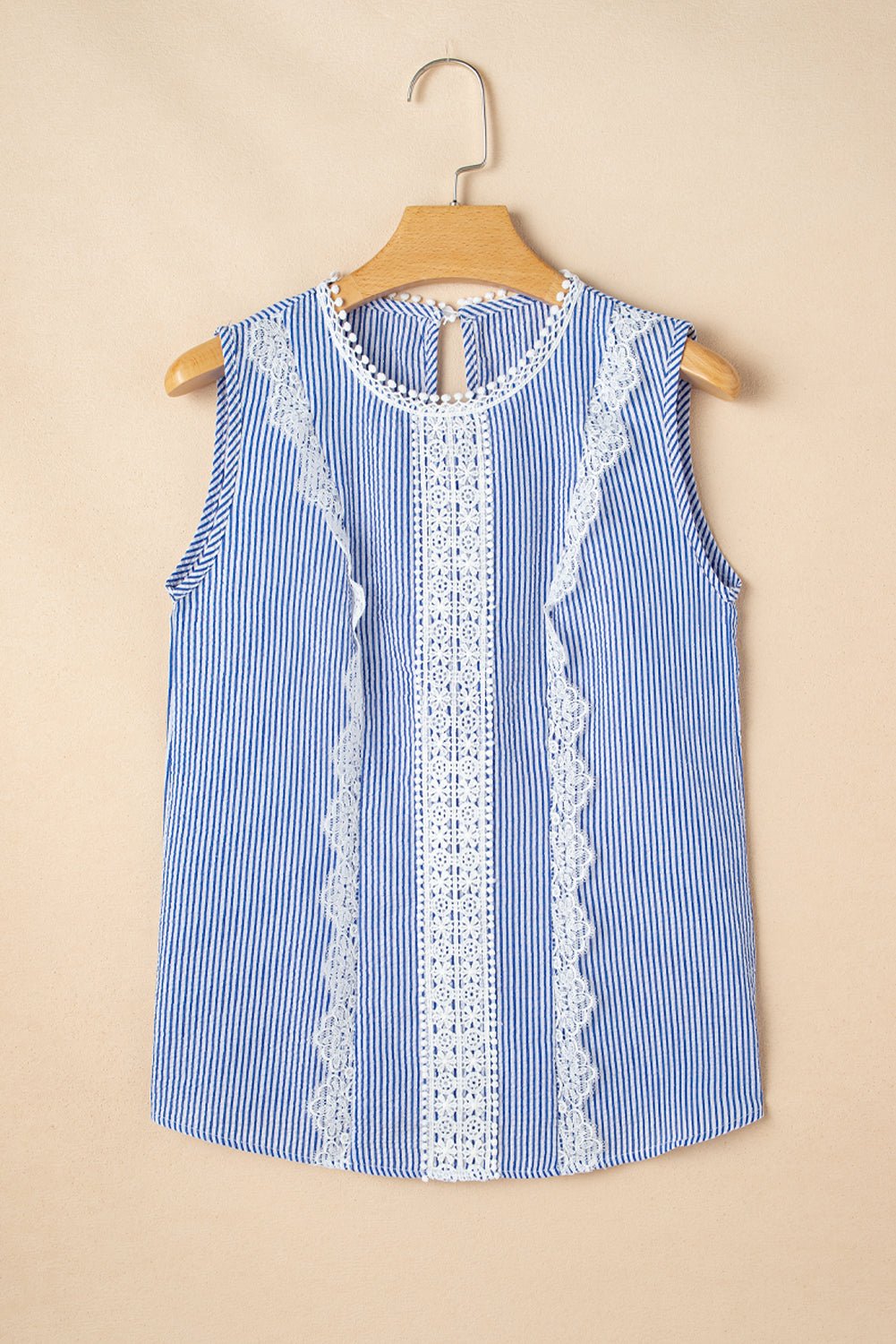 Green Stripe Lace Detail Crinkle Sleeveless Blouse - MAD RUFFI