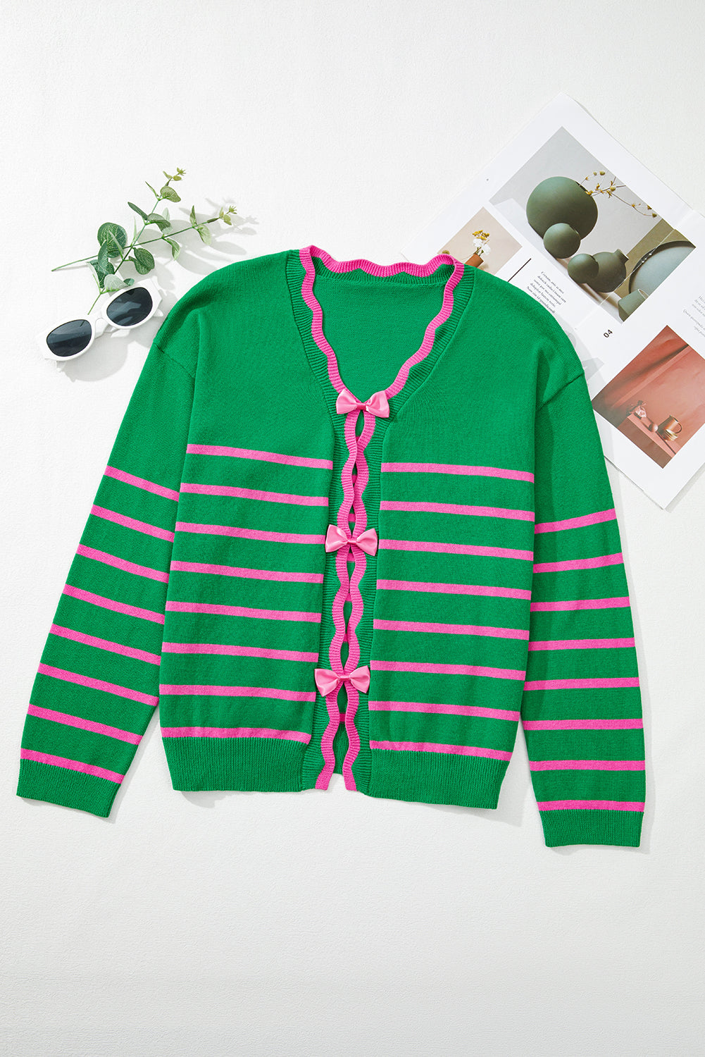 Green Stripe Non-detachable Bow Drop Sleeve Cardigan - MAD RUFFI