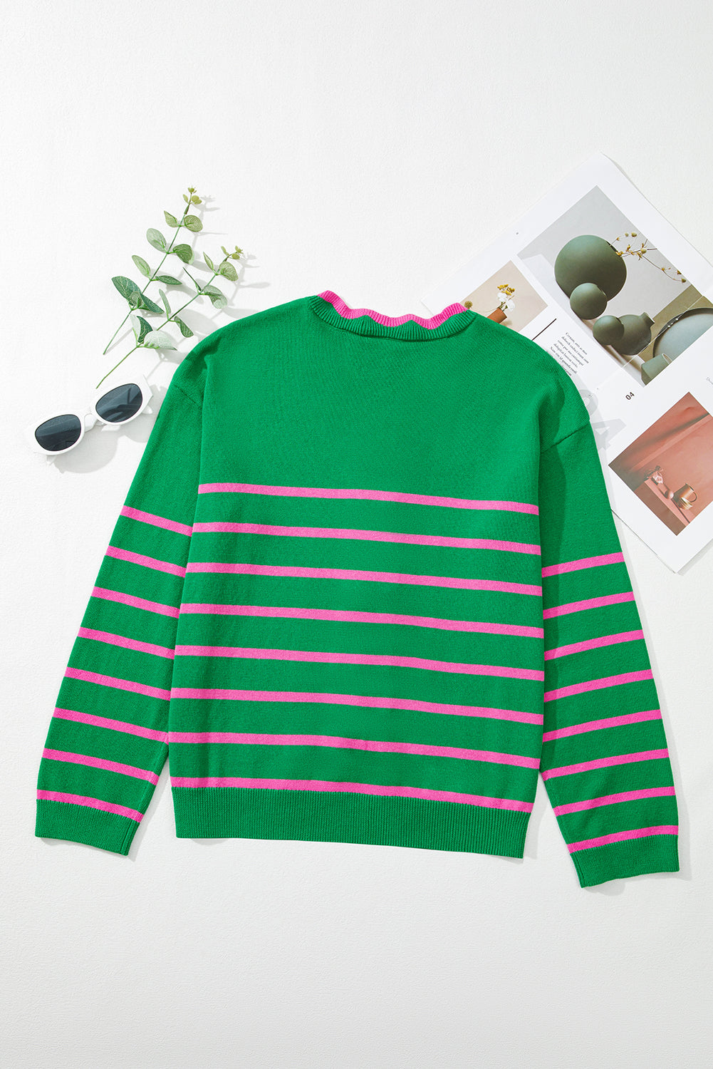 Green Stripe Non-detachable Bow Drop Sleeve Cardigan - MAD RUFFI