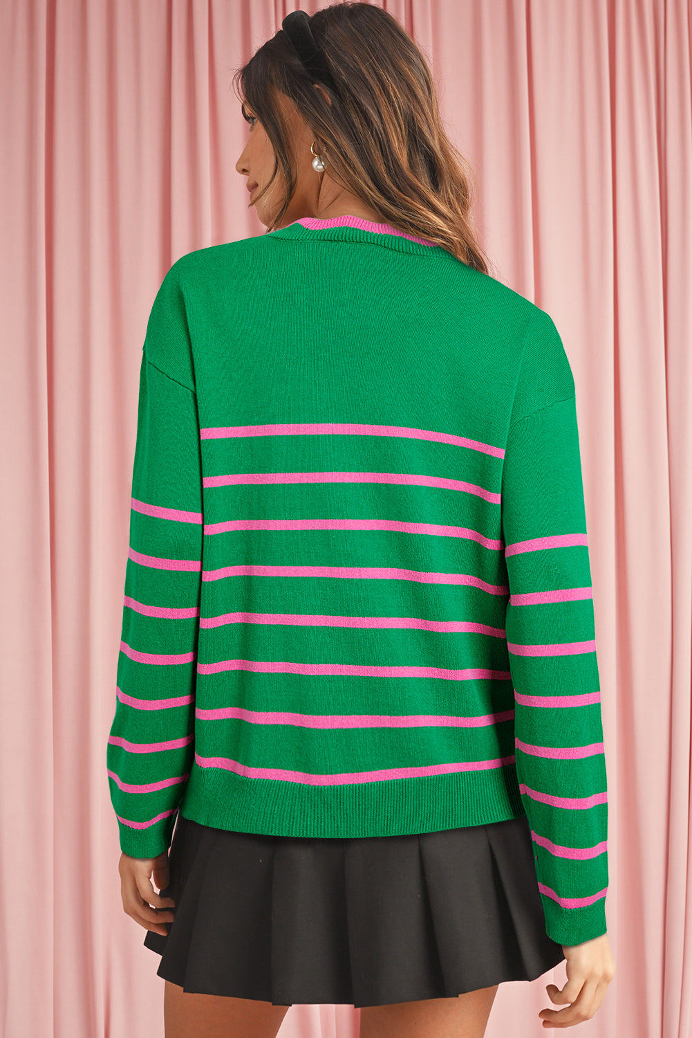 Green Stripe Non-detachable Bow Drop Sleeve Cardigan - MAD RUFFI