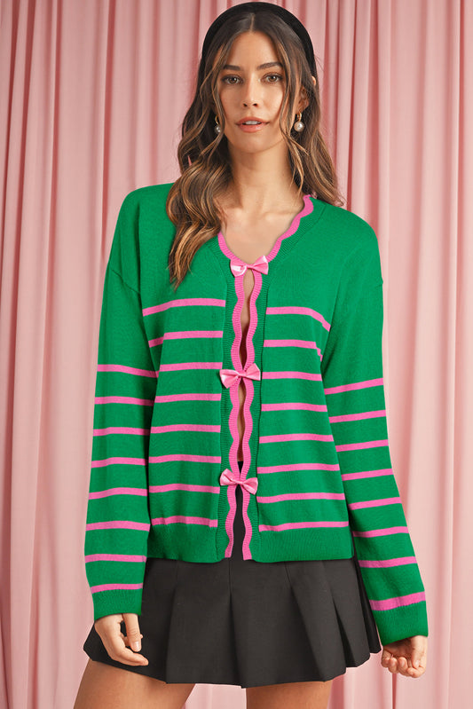 Green Stripe Non-detachable Bow Drop Sleeve Cardigan - MAD RUFFI