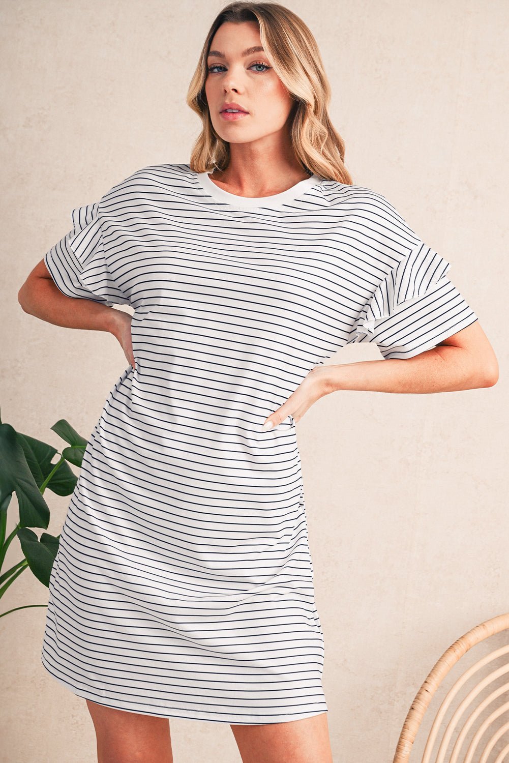 Green Stripe Ruffle Short Sleeve T Shirt Mini Dress - MAD RUFFI