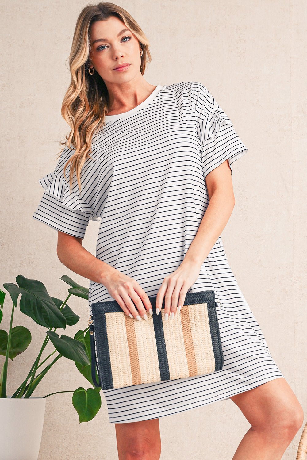 Green Stripe Ruffle Short Sleeve T Shirt Mini Dress - MAD RUFFI