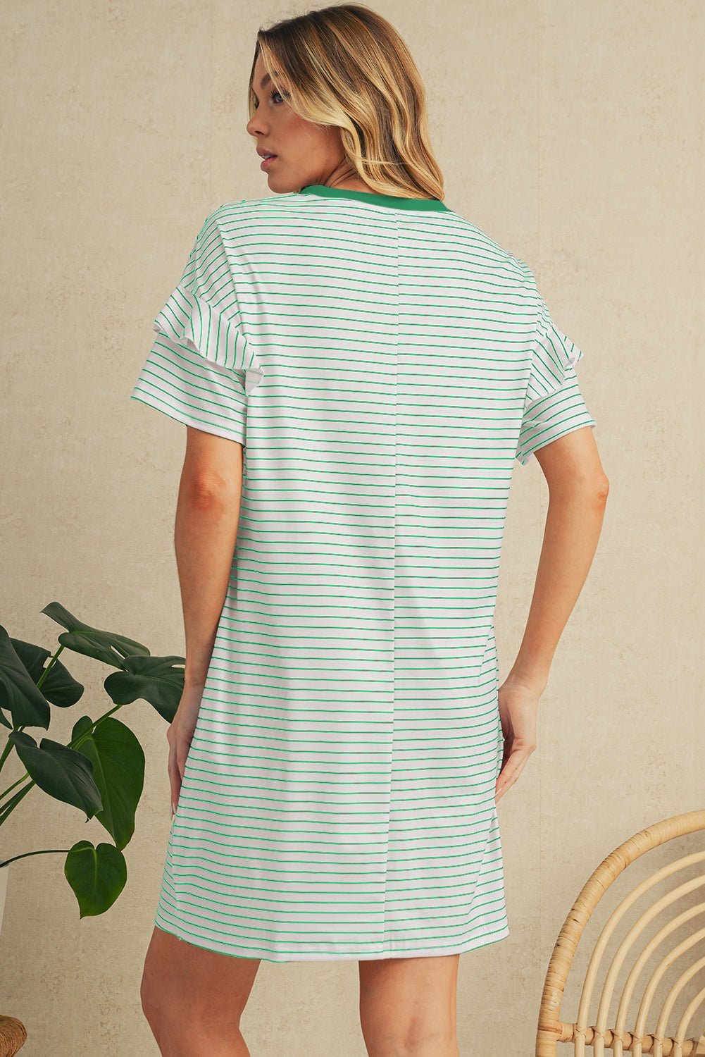 Green Stripe Ruffle Short Sleeve T Shirt Mini Dress - MAD RUFFI