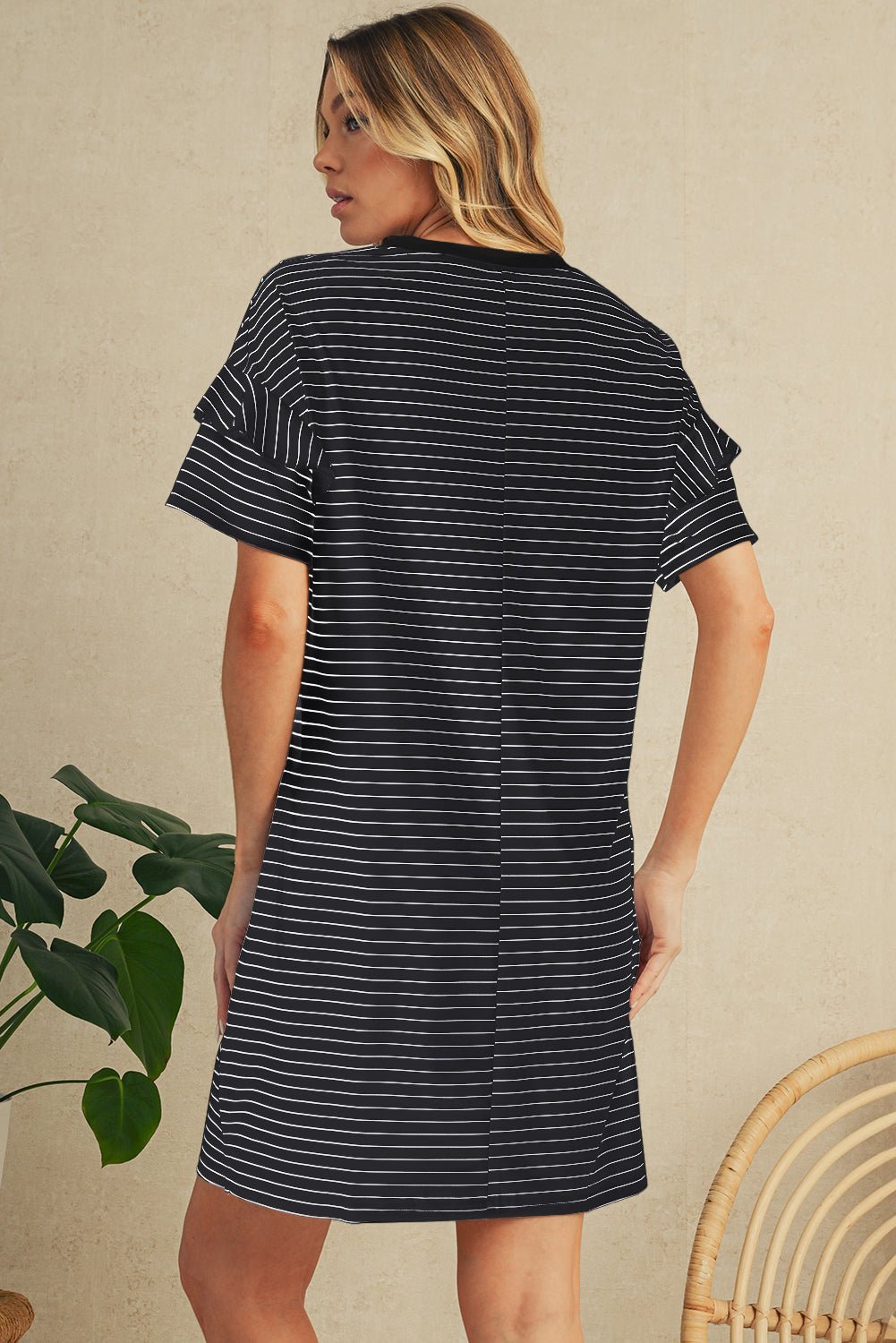 Green Stripe Ruffle Short Sleeve T Shirt Mini Dress - MAD RUFFI