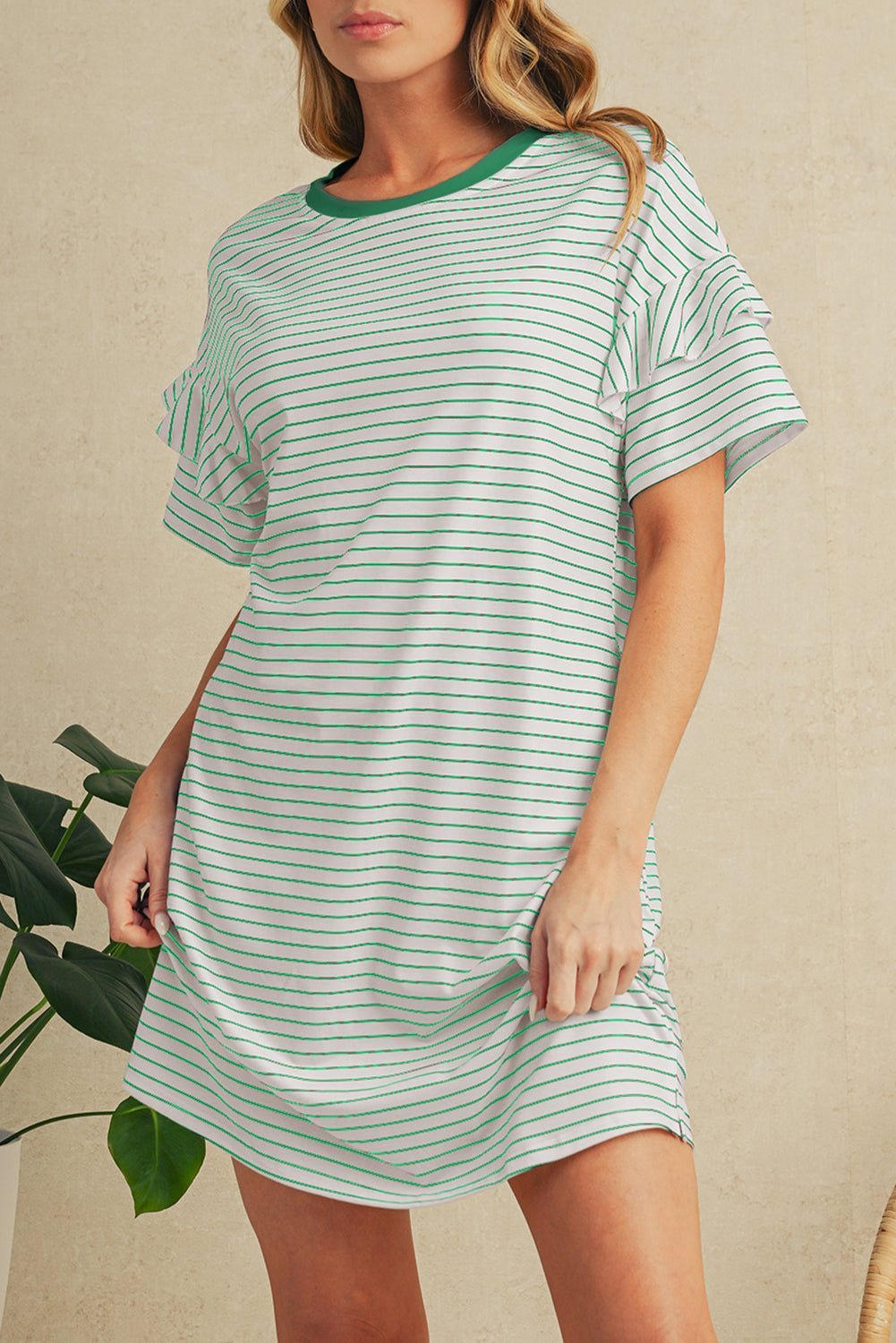 Green Stripe Ruffle Short Sleeve T Shirt Mini Dress - MAD RUFFI