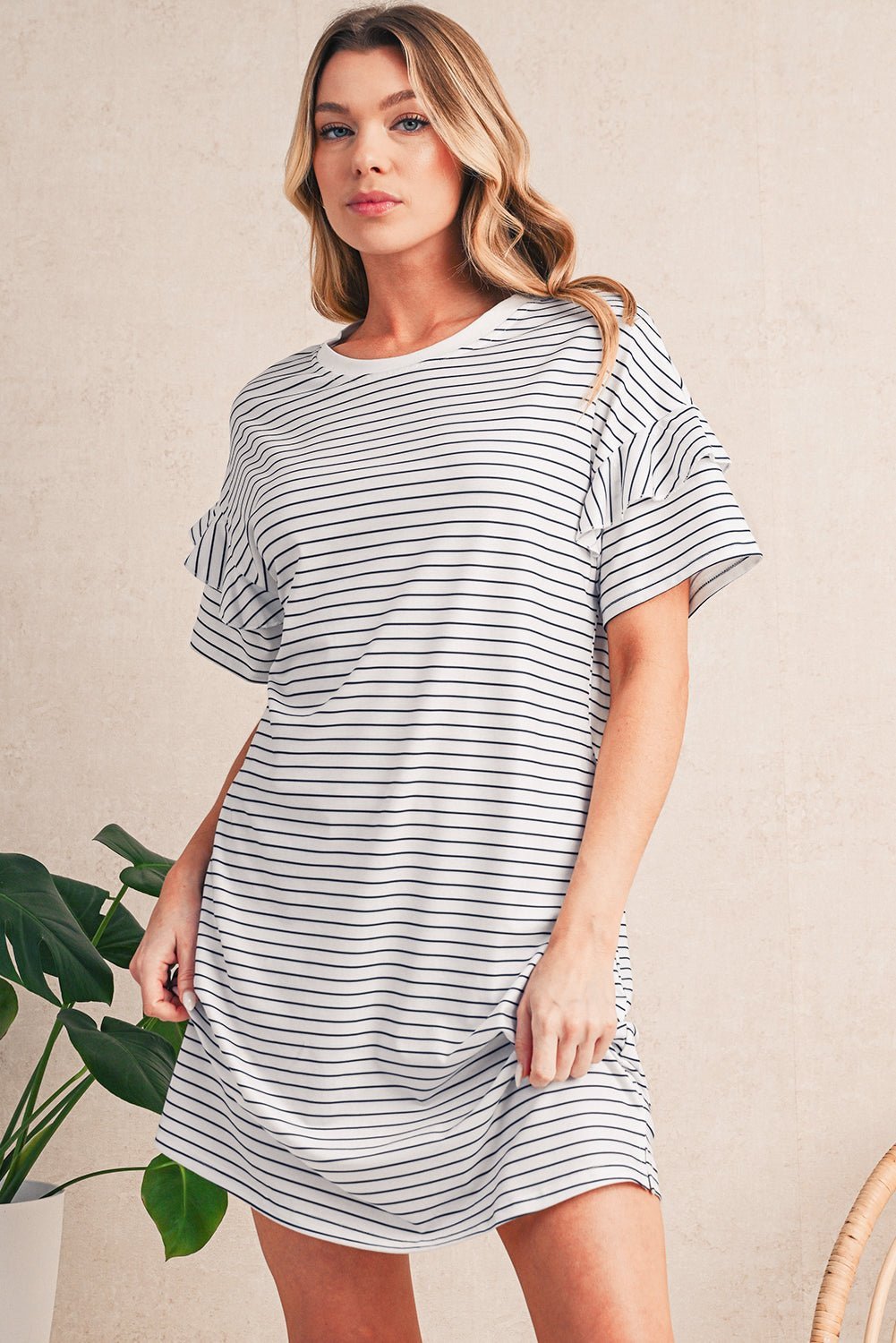 Green Stripe Ruffle Short Sleeve T Shirt Mini Dress - MAD RUFFI