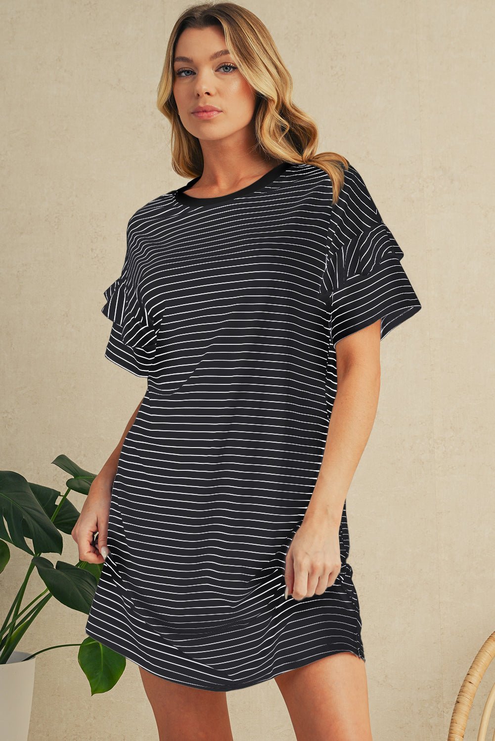 Green Stripe Ruffle Short Sleeve T Shirt Mini Dress - MAD RUFFI