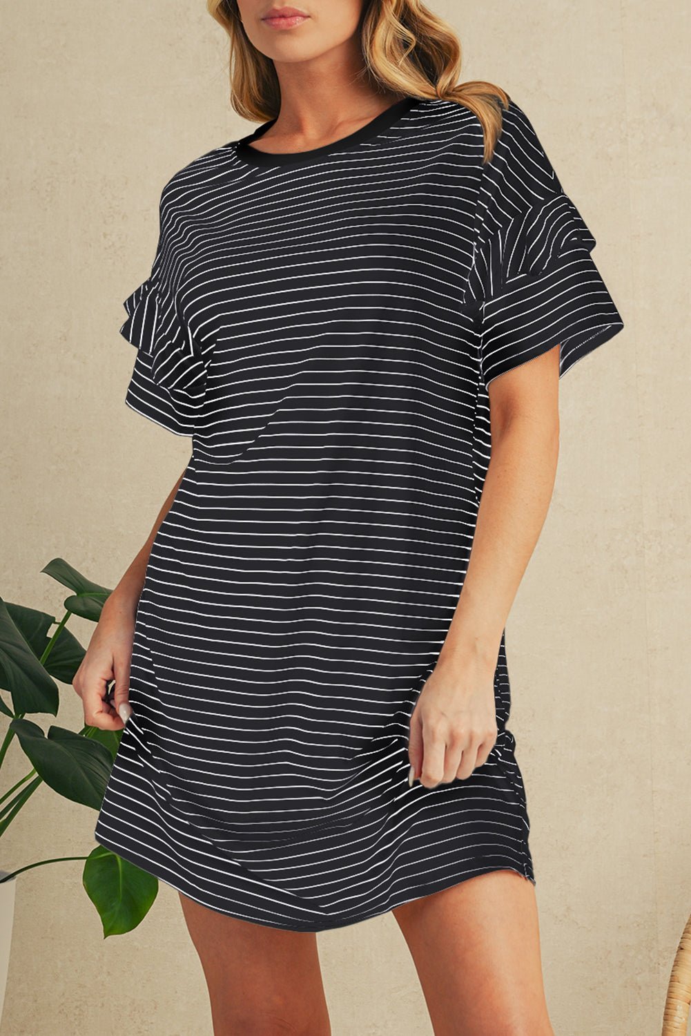 Green Stripe Ruffle Short Sleeve T Shirt Mini Dress - MAD RUFFI