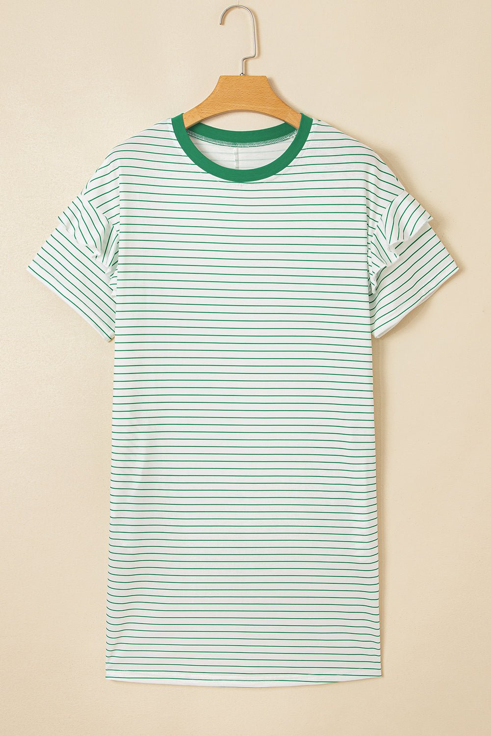 Green Stripe Ruffle Short Sleeve T Shirt Mini Dress - MAD RUFFI