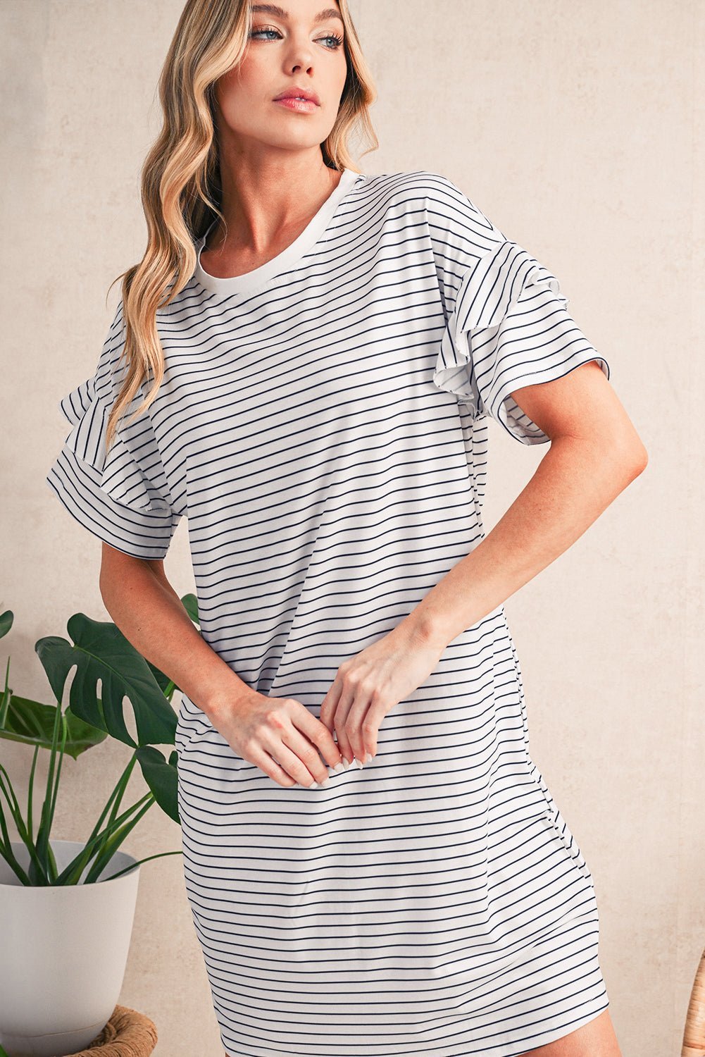 Green Stripe Ruffle Short Sleeve T Shirt Mini Dress - MAD RUFFI