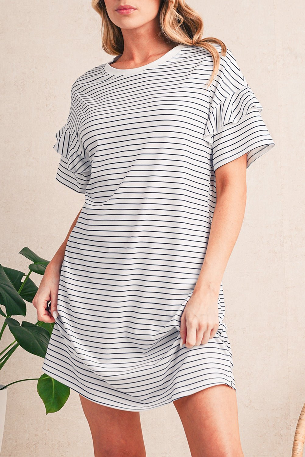 Green Stripe Ruffle Short Sleeve T Shirt Mini Dress - MAD RUFFI