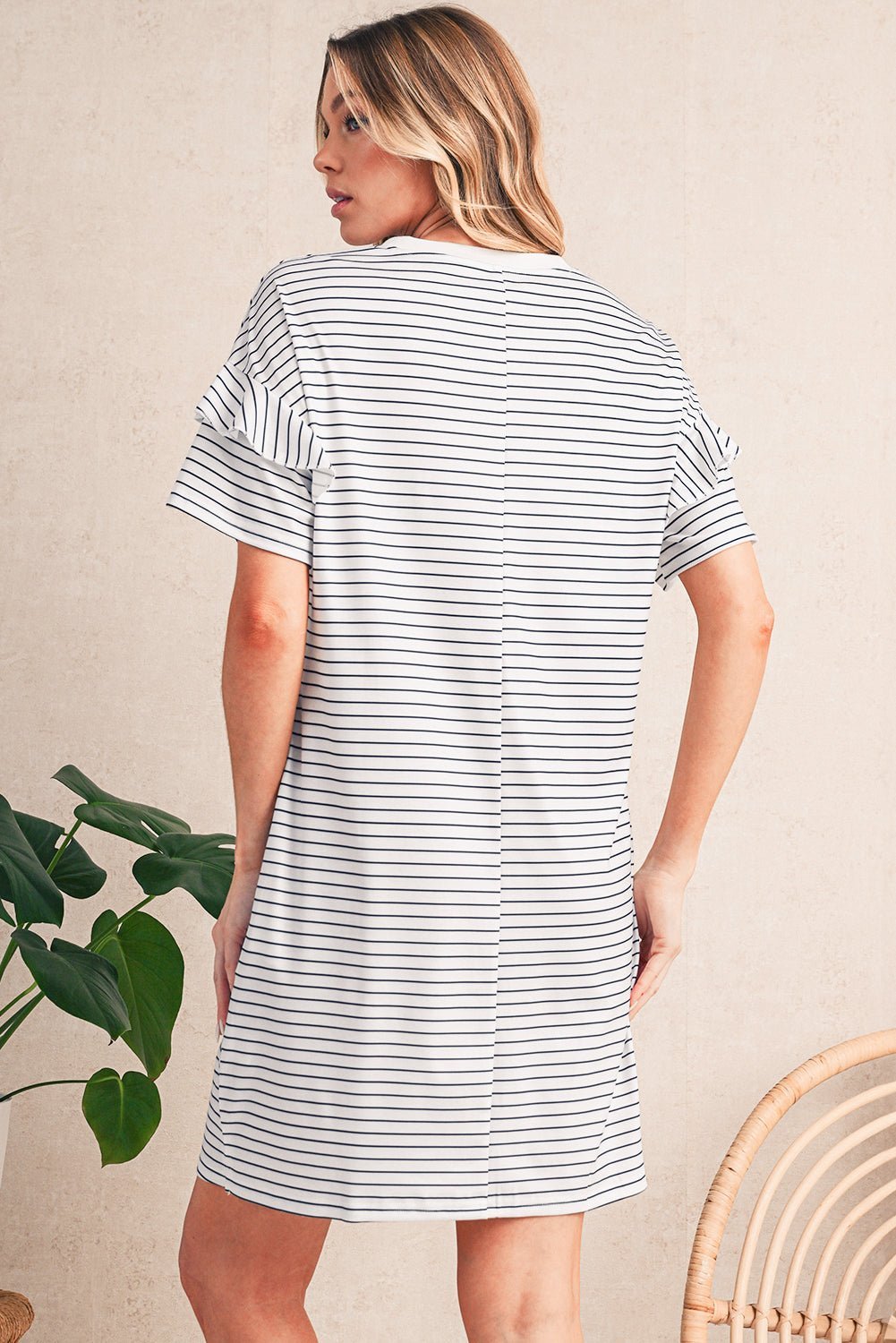 Green Stripe Ruffle Short Sleeve T Shirt Mini Dress - MAD RUFFI