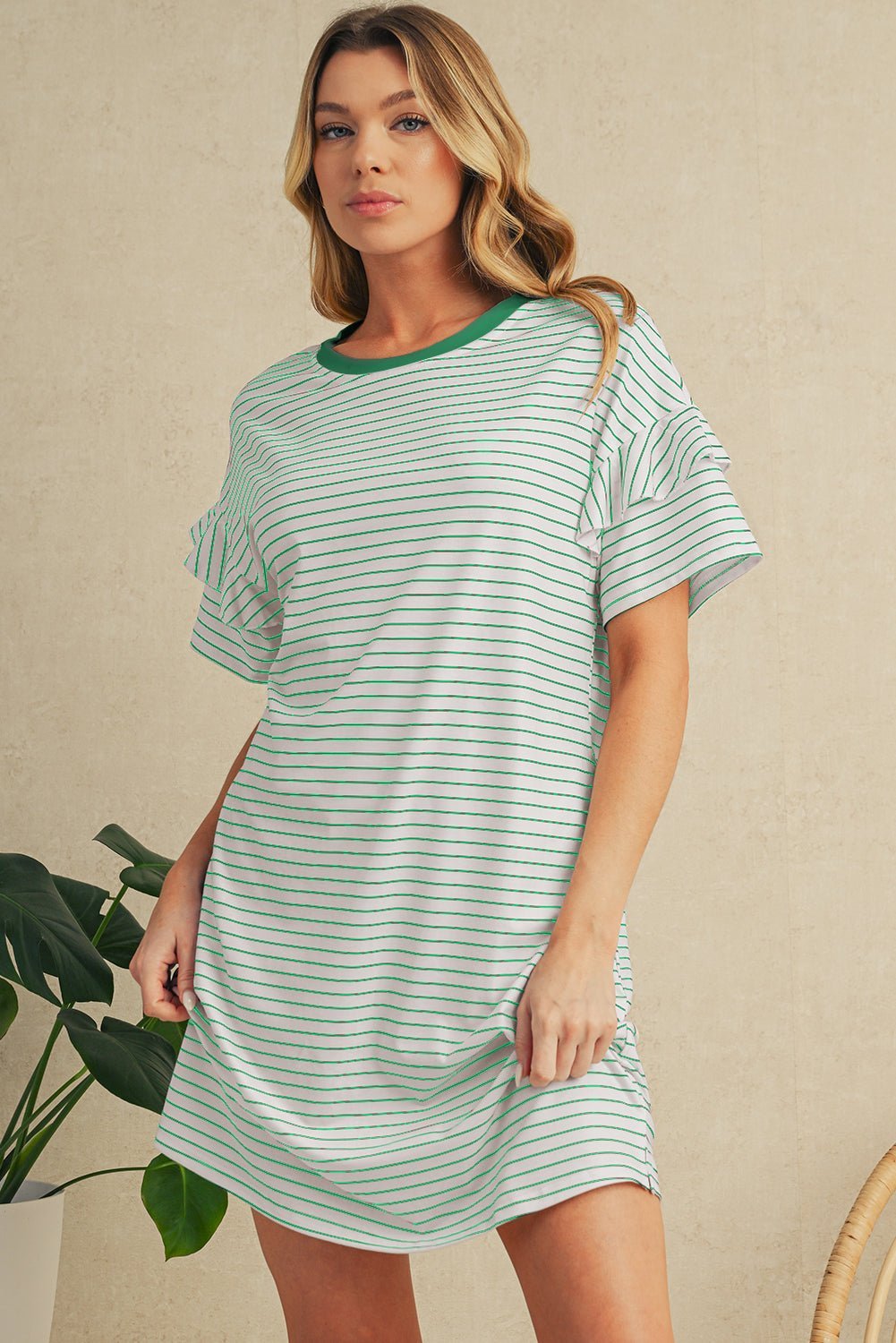 Green Stripe Ruffle Short Sleeve T Shirt Mini Dress - MAD RUFFI