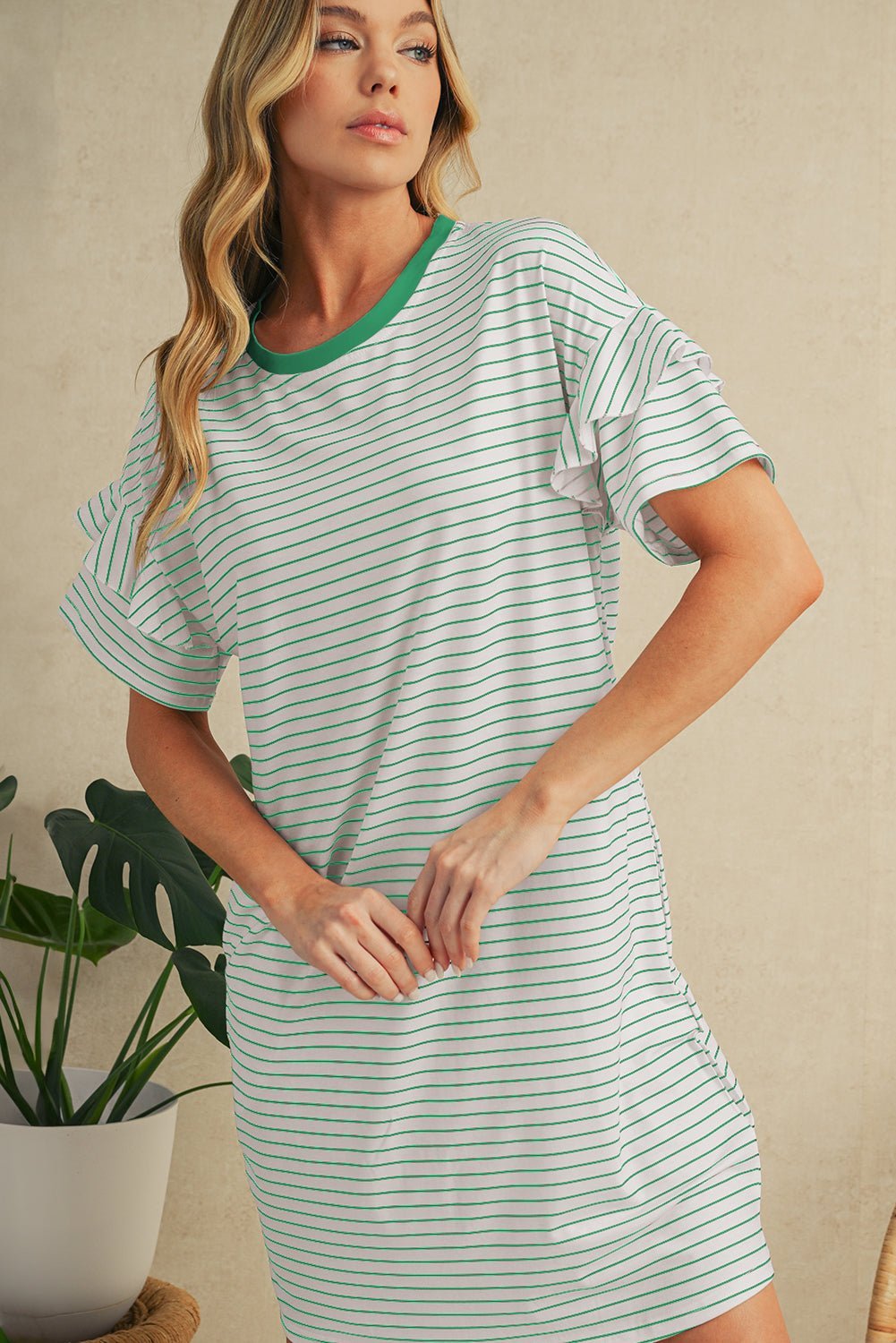 Green Stripe Ruffle Short Sleeve T Shirt Mini Dress - MAD RUFFI