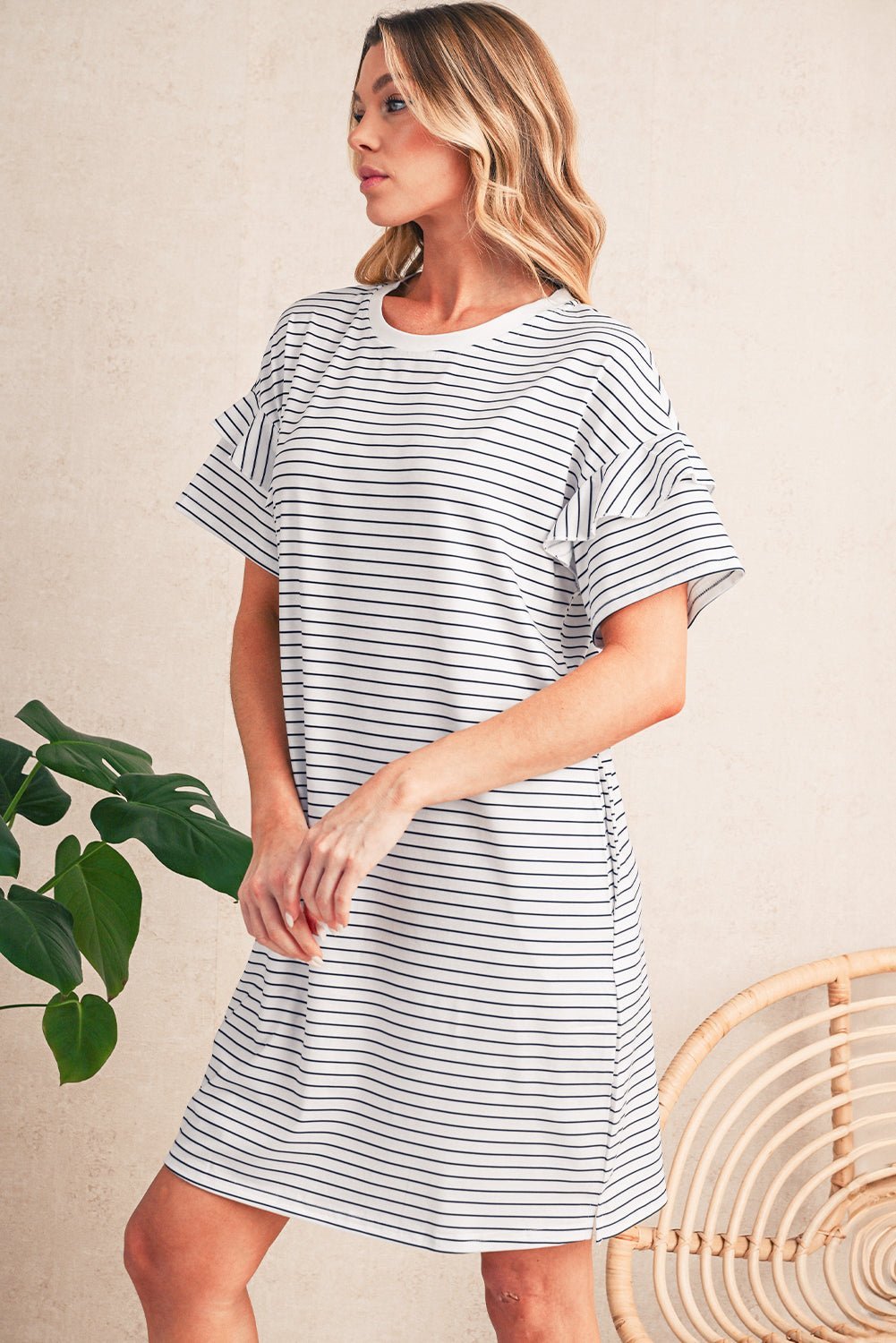 Green Stripe Ruffle Short Sleeve T Shirt Mini Dress - MAD RUFFI