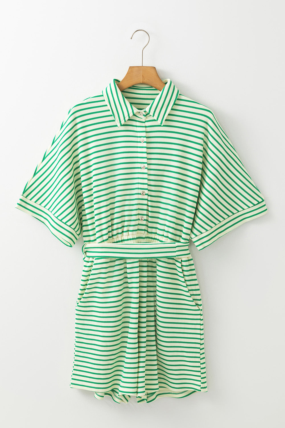 Green Stripe Textured Short Sleeve Collared Buttoned Waist Tie Romper - MAD RUFFI