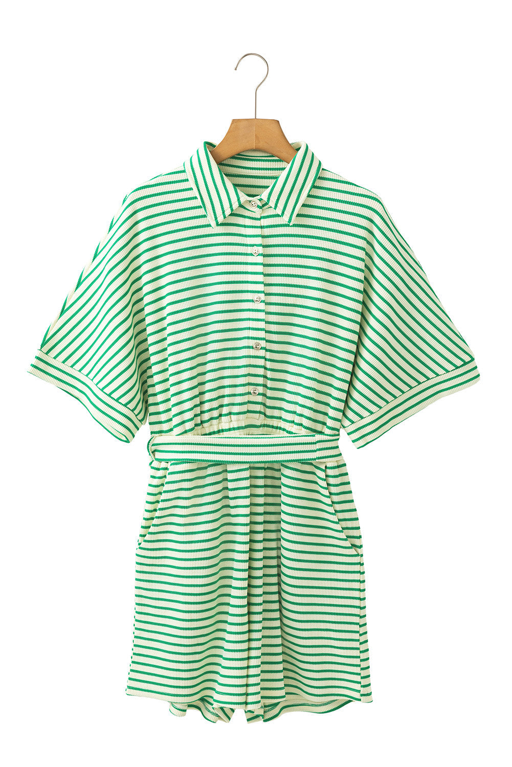 Green Stripe Textured Short Sleeve Collared Buttoned Waist Tie Romper - MAD RUFFI