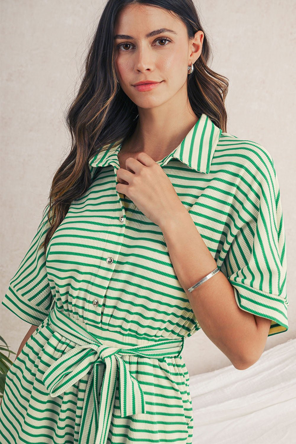 Green Stripe Textured Short Sleeve Collared Buttoned Waist Tie Romper - MAD RUFFI