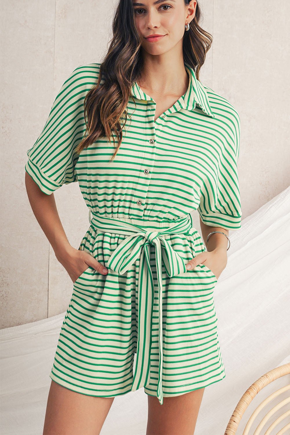 Green Stripe Textured Short Sleeve Collared Buttoned Waist Tie Romper - MAD RUFFI