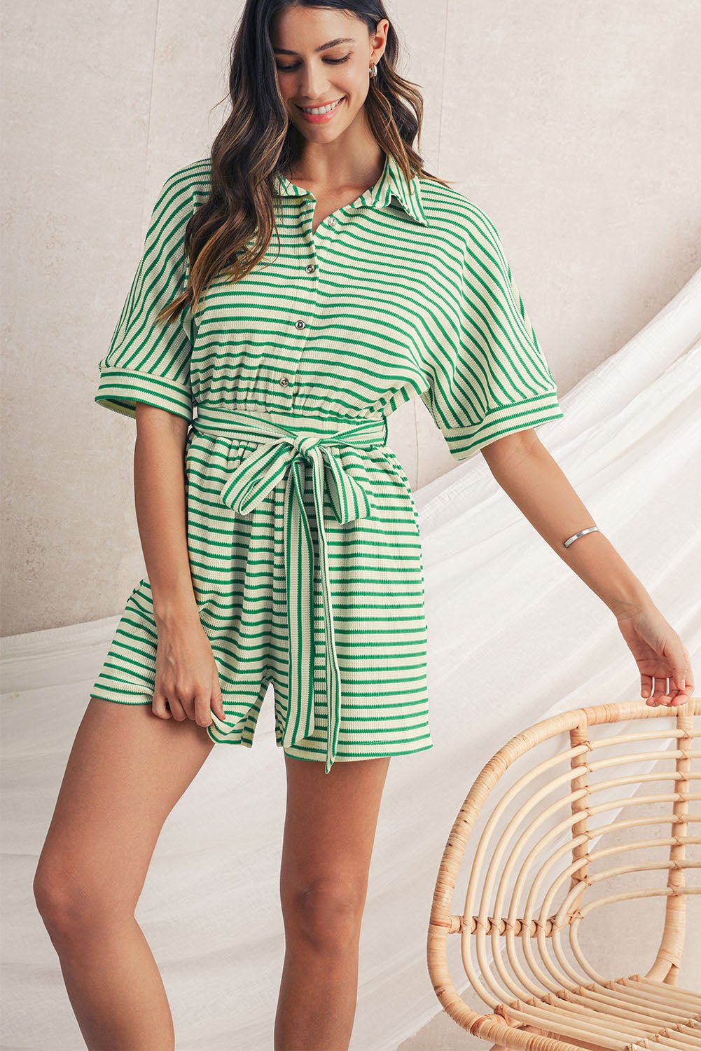 Green Stripe Textured Short Sleeve Collared Buttoned Waist Tie Romper - MAD RUFFI