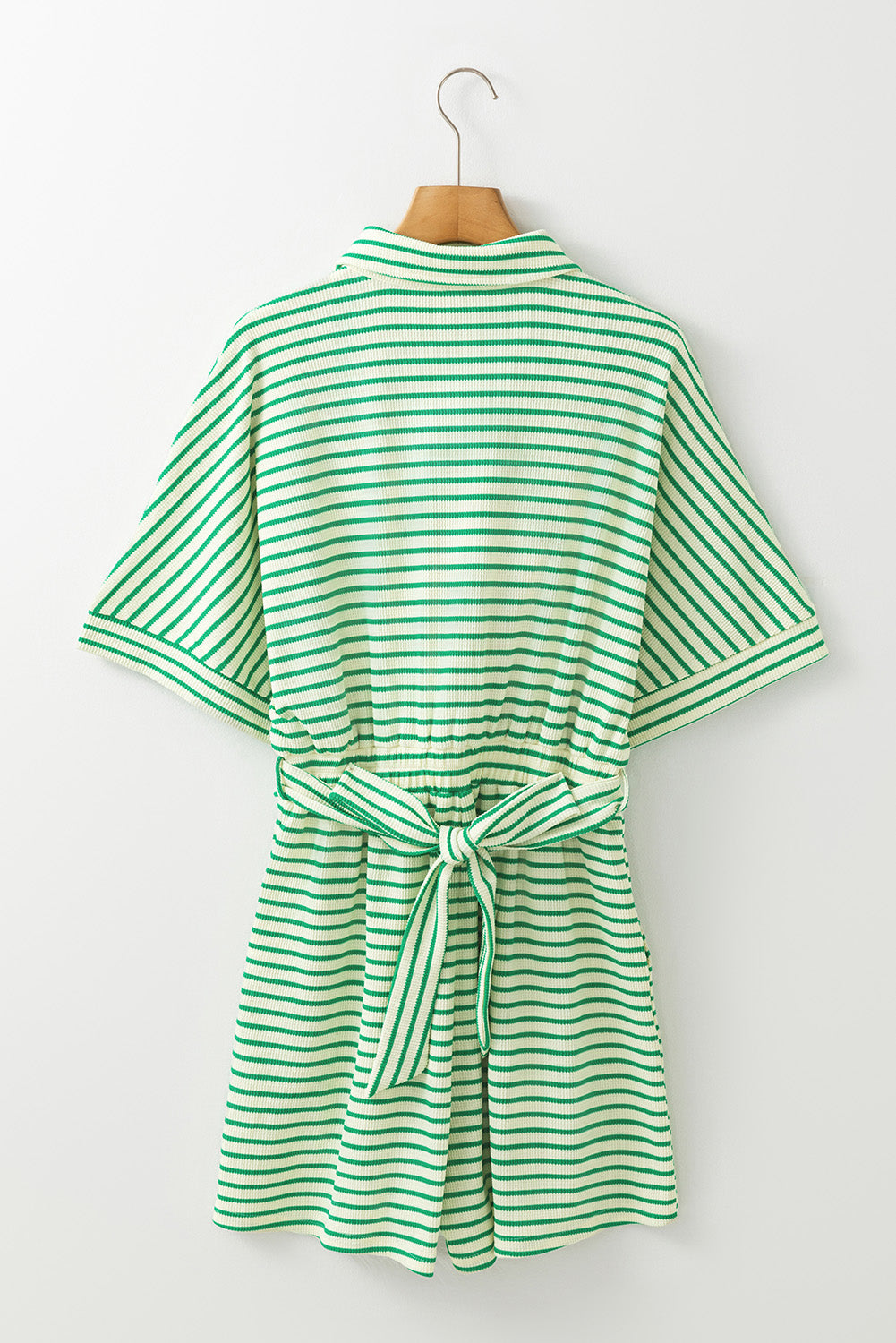 Green Stripe Textured Short Sleeve Collared Buttoned Waist Tie Romper - MAD RUFFI