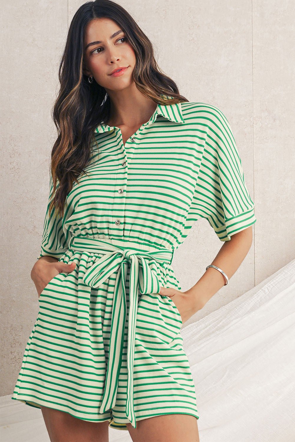 Green Stripe Textured Short Sleeve Collared Buttoned Waist Tie Romper - MAD RUFFI