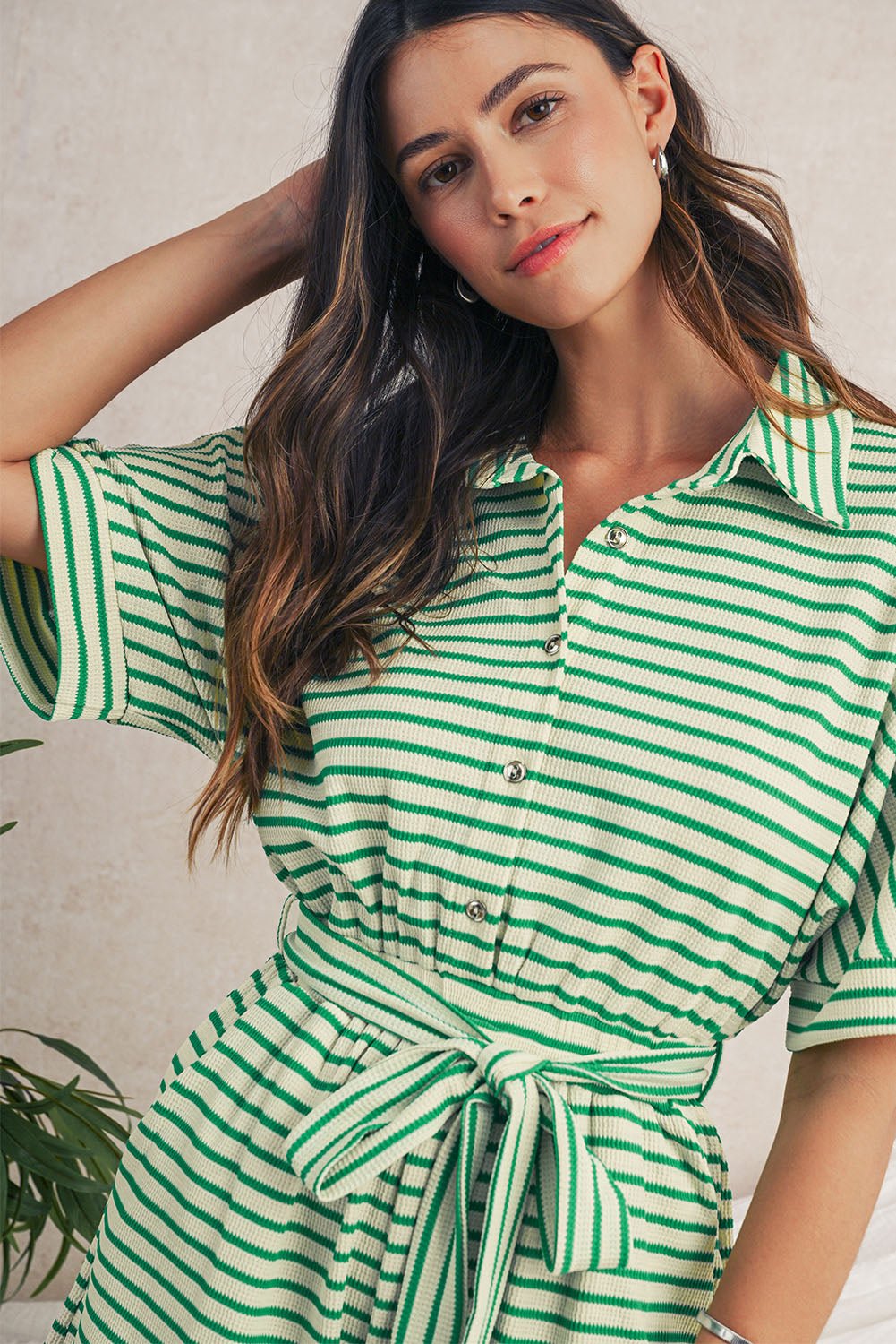 Green Stripe Textured Short Sleeve Collared Buttoned Waist Tie Romper - MAD RUFFI